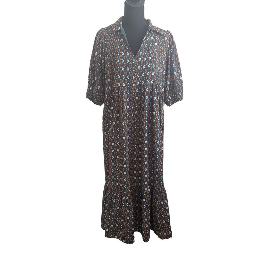 Bohme Geometric Print Midi Dress Ruffle Hem Puff Sleeve XS Boho Modest Earthy